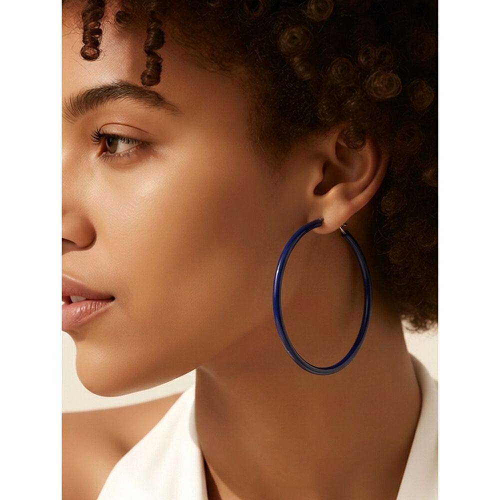 Midnight Navy Hoop Earrings 50mm Bold Statement Leverback Hoops Quiet Luxury